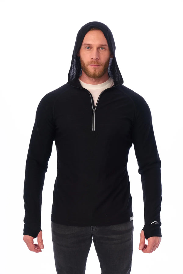 Herren-Kapuzenpullover aus Merinowolle mit halbem Reißverschluss 190 Schwarz