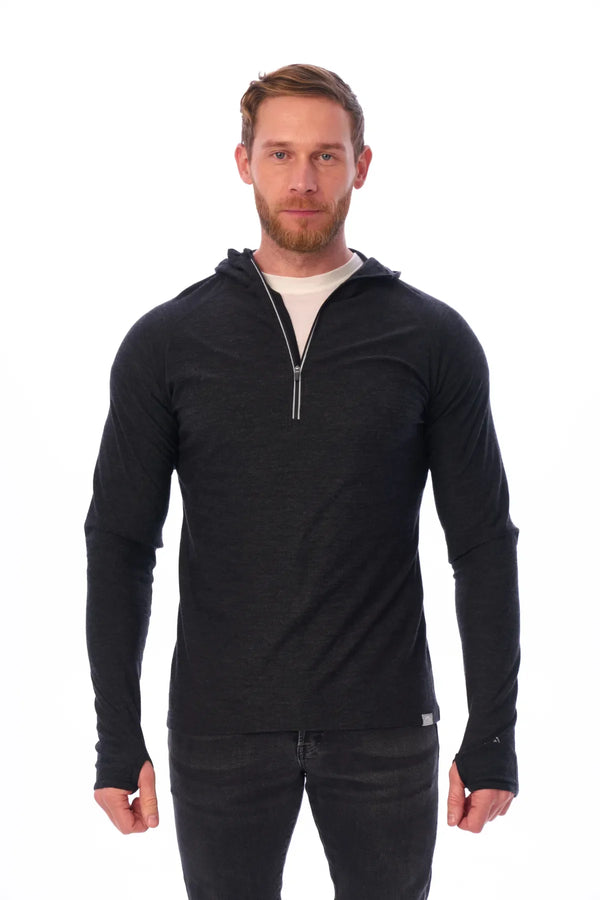 Herren-Kapuzenpullover aus Merinowolle mit halbem Reißverschluss 190 Anthrazit