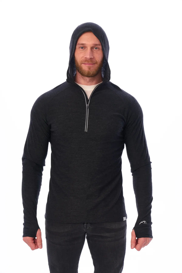 Herren-Kapuzenpullover aus Merinowolle mit halbem Reißverschluss 190 Anthrazit