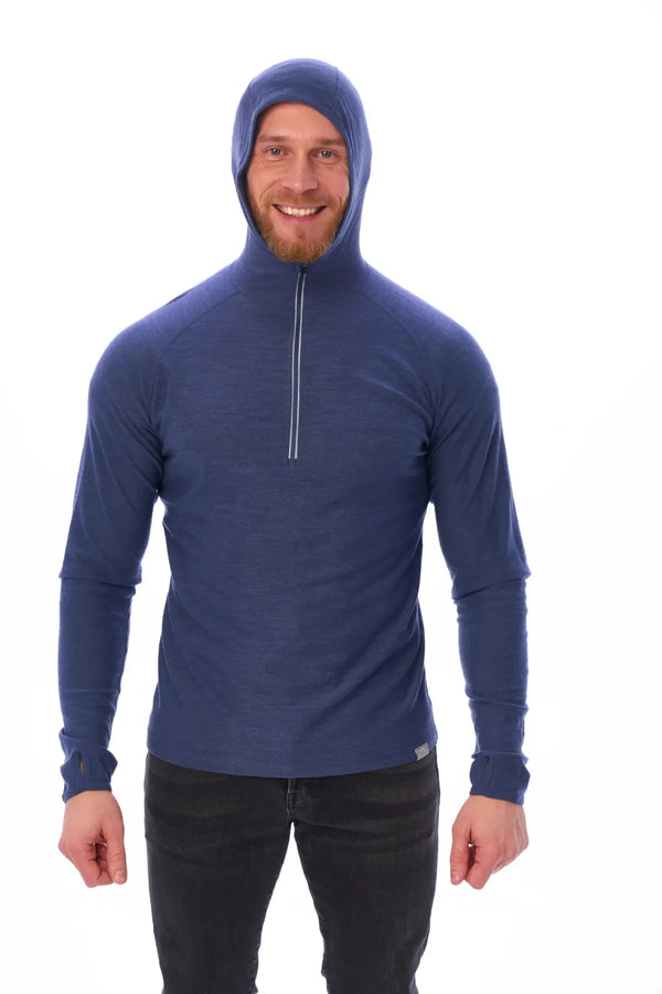 Men's Merino Wool Half Zip Hoodie 190 Windsor Blue