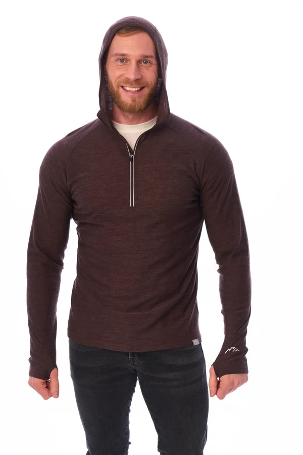 Men's Merino Wool Half Zip Hoodie 190 Chocolate