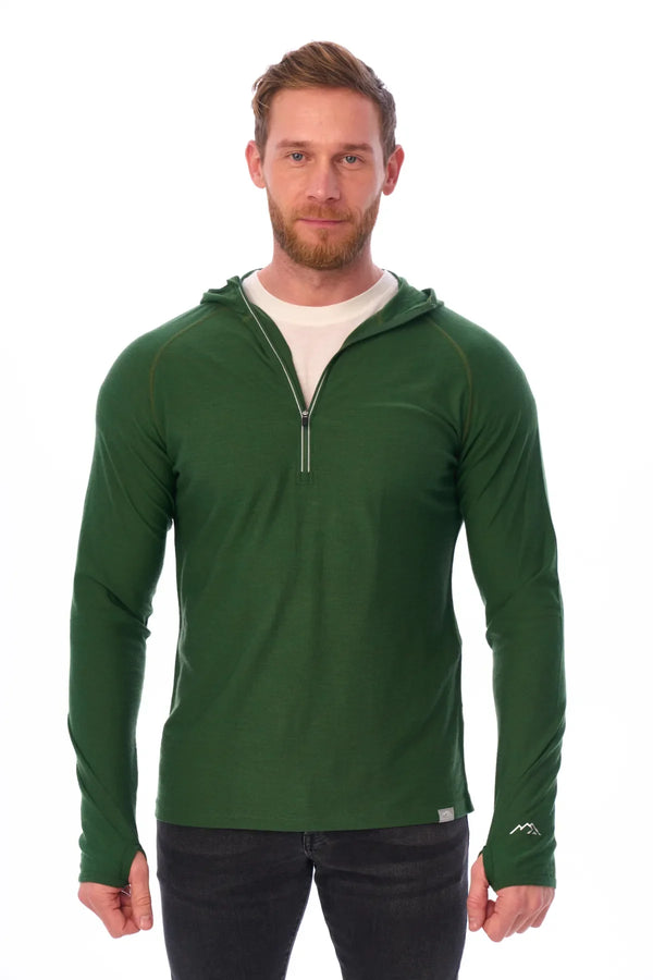 Men's Merino Wool Half Zip Hoodie 190 Olive
