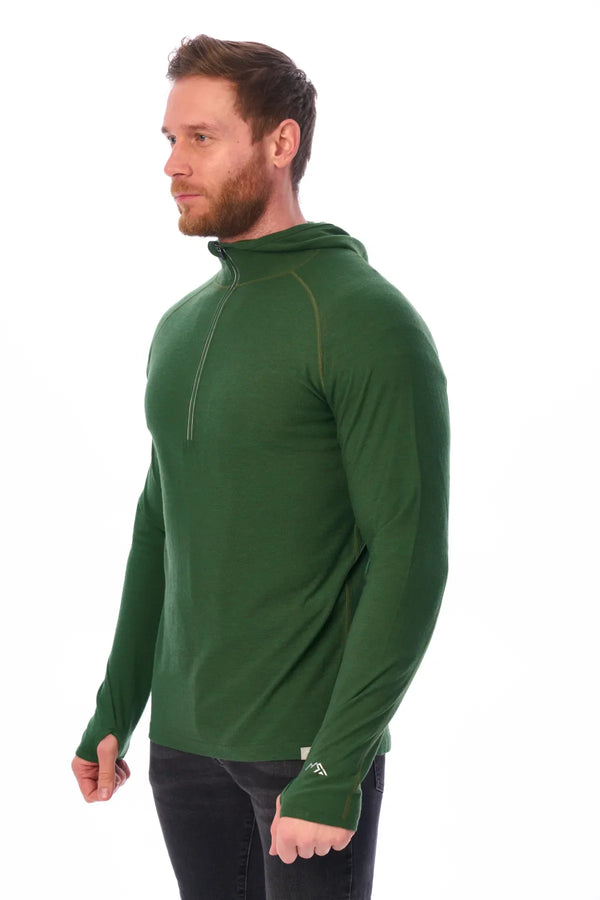 Men's Merino Wool Half Zip Hoodie 190 Olive