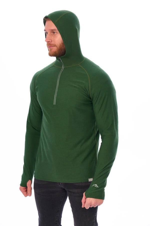 Men's Merino Wool Half Zip Hoodie 190 Olive