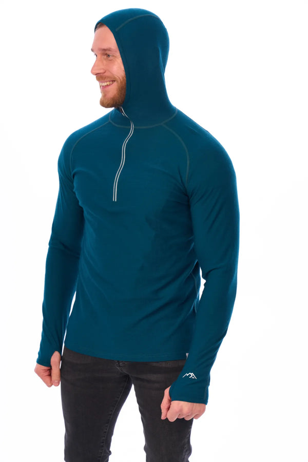 Men's Merino Wool Half Zip Hoodie 190 Deep Teal