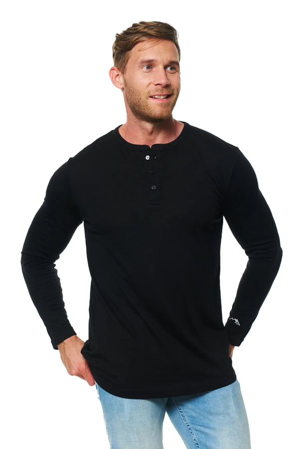 Men's Merino Wool Long Sleeve Henley Shirt 170 Black