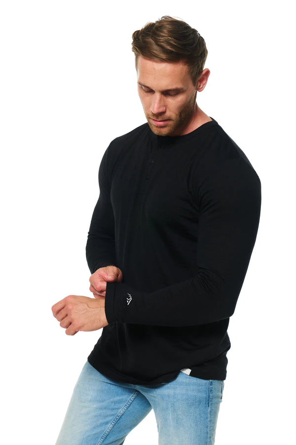 Men's Merino Wool Long Sleeve Henley Shirt 170 Black