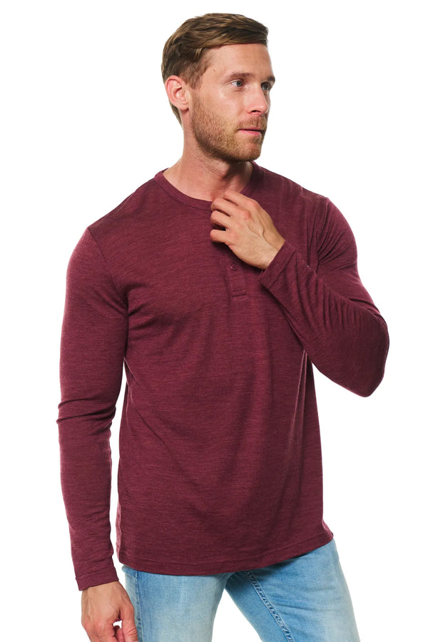 Men's Merino Wool Long Sleeve Henley Shirt 170 Burgundy