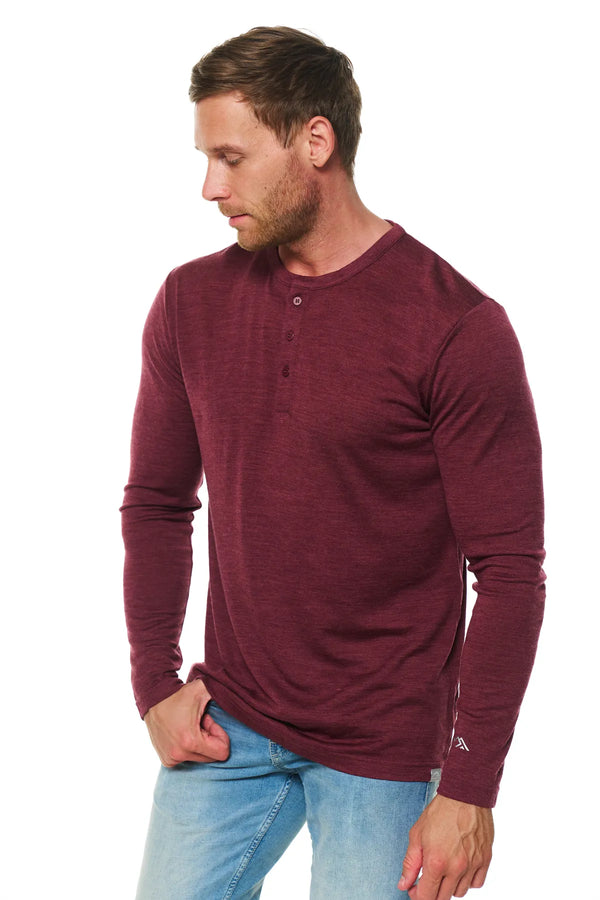 Men's Merino Wool Long Sleeve Henley Shirt 170 Burgundy