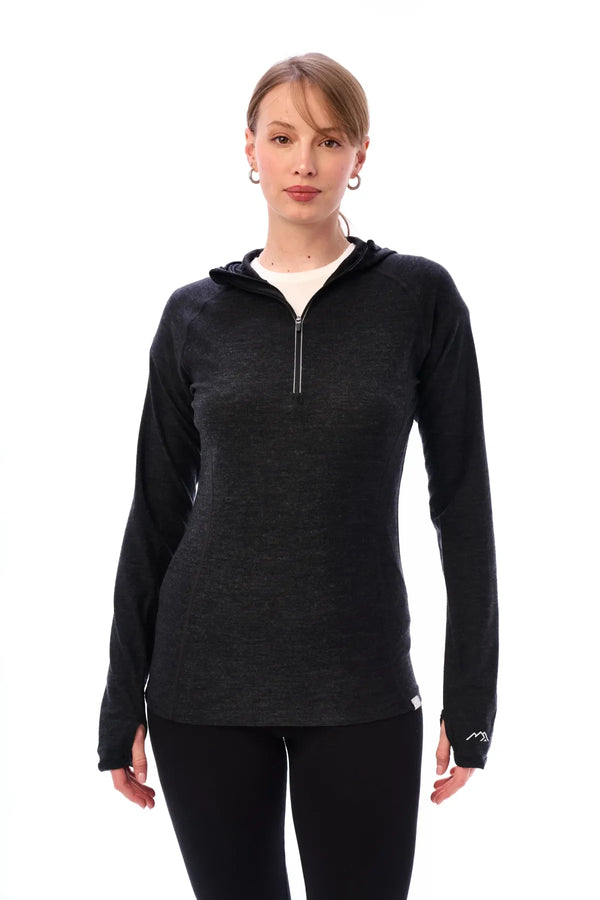 Damen-Kapuzenpullover aus Merinowolle mit halbem Reißverschluss 190 Anthrazit