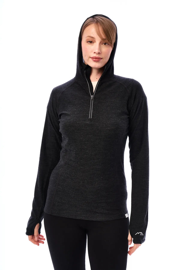 Damen-Kapuzenpullover aus Merinowolle mit halbem Reißverschluss 190 Anthrazit