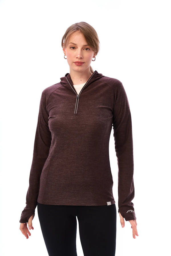 Damen-Kapuzenpullover aus Merinowolle mit halbem Reißverschluss 190 Schokolade