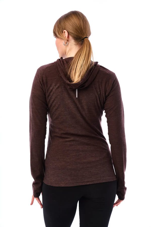 Damen-Kapuzenpullover aus Merinowolle mit halbem Reißverschluss 190 Schokolade