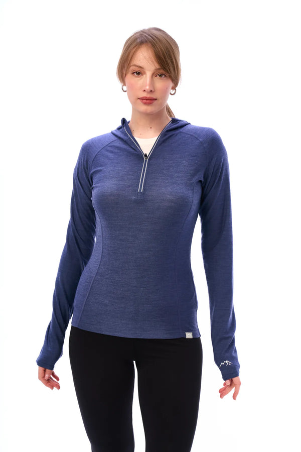 Damen-Kapuzenpullover aus Merinowolle mit halbem Reißverschluss 190 Windsor Blue