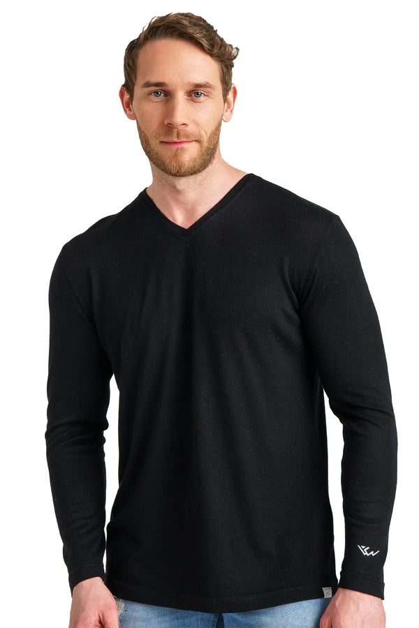 Herren Merino Longsleeve 165 V-Ausschnitt Schwarz