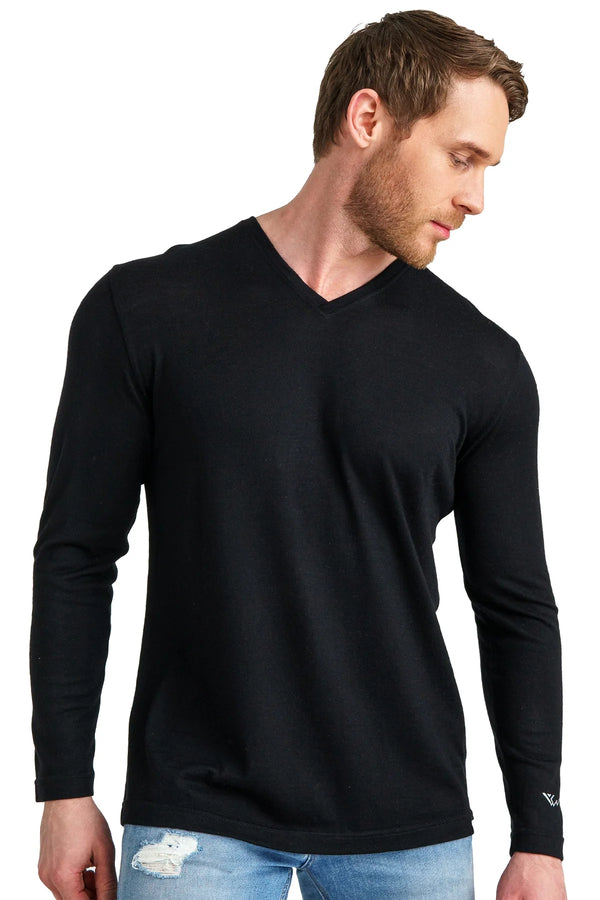 Herren Merino Longsleeve 165 V-Ausschnitt Schwarz