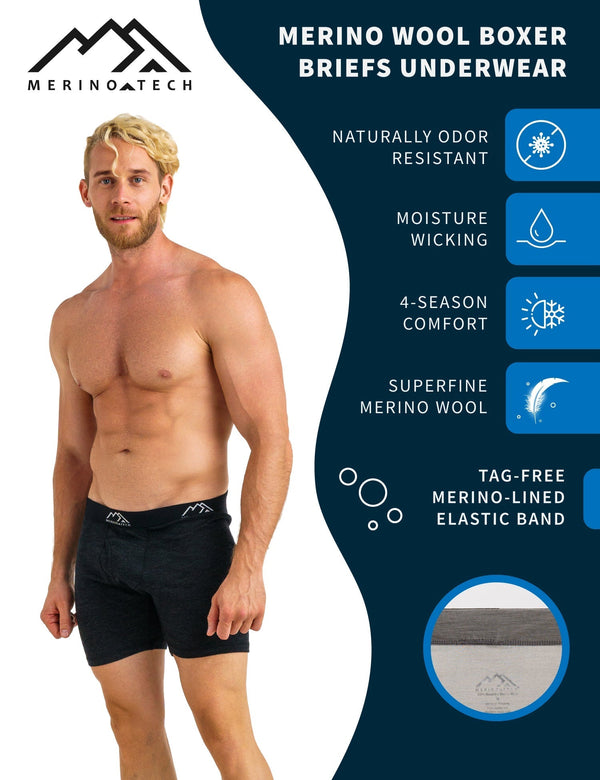 Herren-Boxershorts Merino 170, schwarz meliert (2er-Pack)