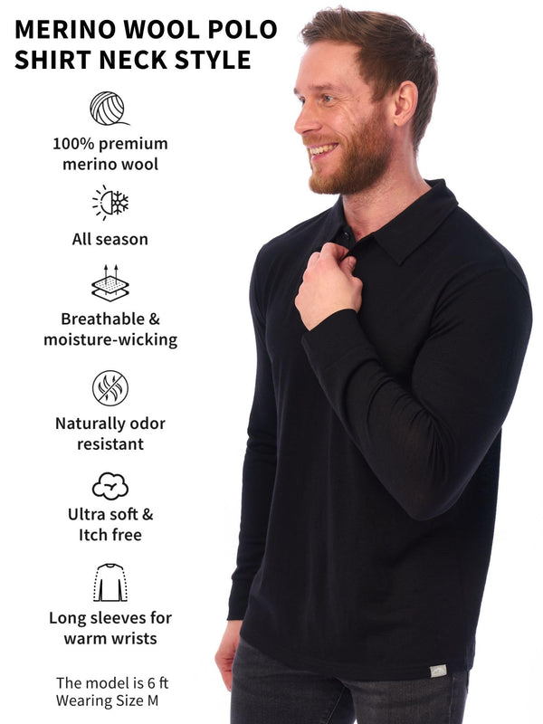 Men's Merino Wool Long Sleeve Polo Black