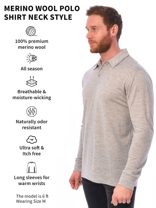 Men's Merino Wool Long Sleeve Polo Heather Grey