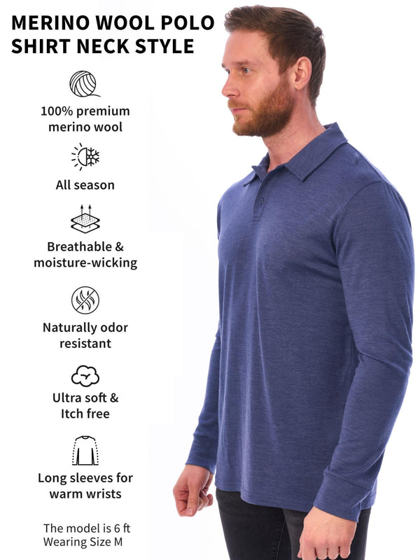 Men's Merino Wool Long Sleeve Polo Grey Blue