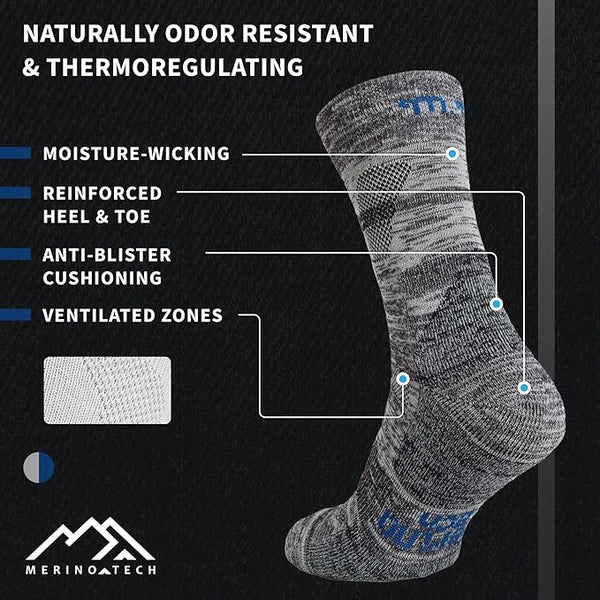 Merino Wool Hiking Socks - (Pack of 2) Grey Blue