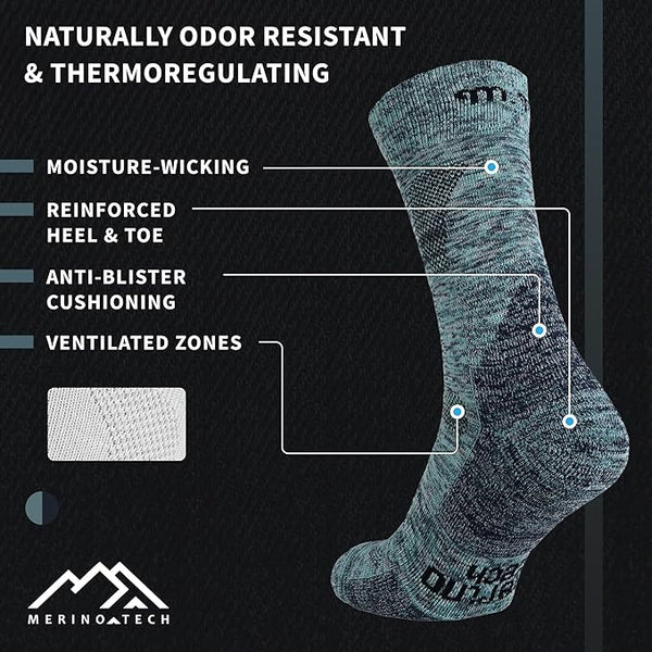 Merino Wool Hiking Socks - (Pack of 2) Heathered Navy