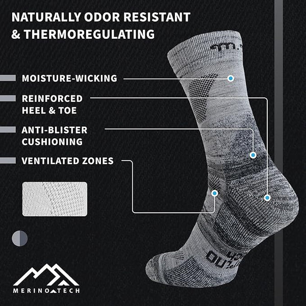 Merino Wool Hiking Socks - (Pack of 2) Heather Shadow