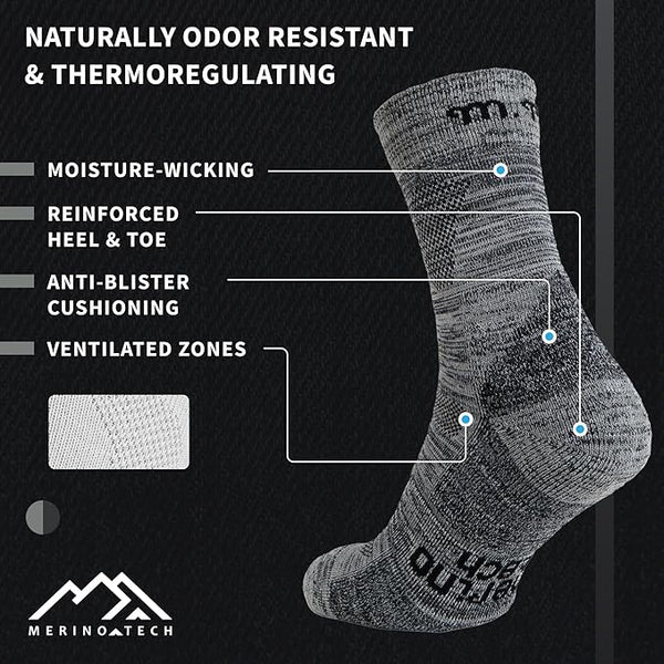 Merino Wool Hiking Socks - (Pack of 2) Heathered Cloud