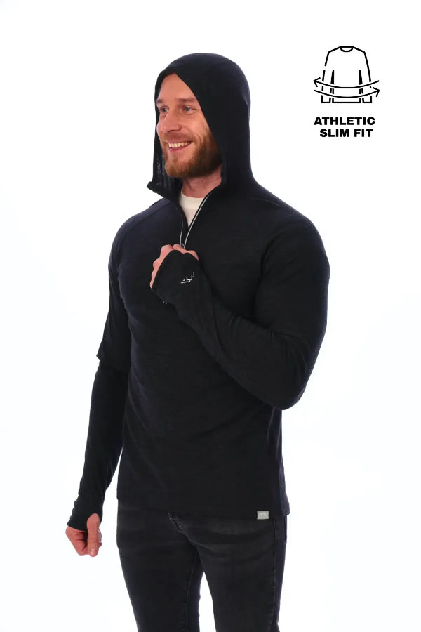 Herren-Kapuzenpullover aus Merinowolle mit halbem Reißverschluss 190 Anthrazit