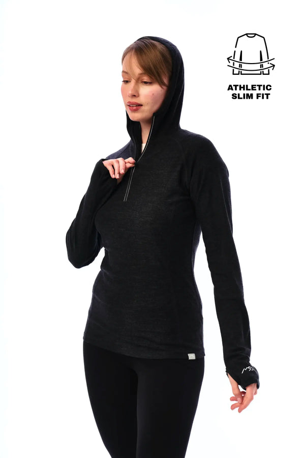 Damen-Kapuzenpullover aus Merinowolle mit halbem Reißverschluss 190 Anthrazit