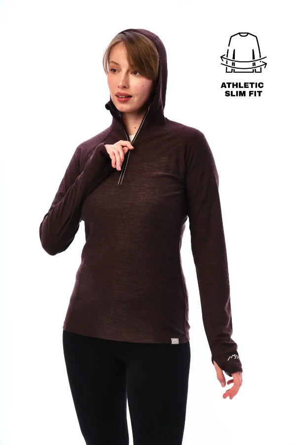 Damen-Kapuzenpullover aus Merinowolle mit halbem Reißverschluss 190 Schokolade
