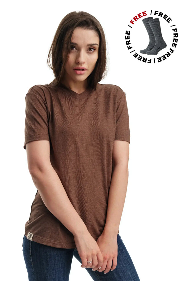 Damen Merino T-Shirt 165 Schokolade | V-Ausschnitt (+Socken)