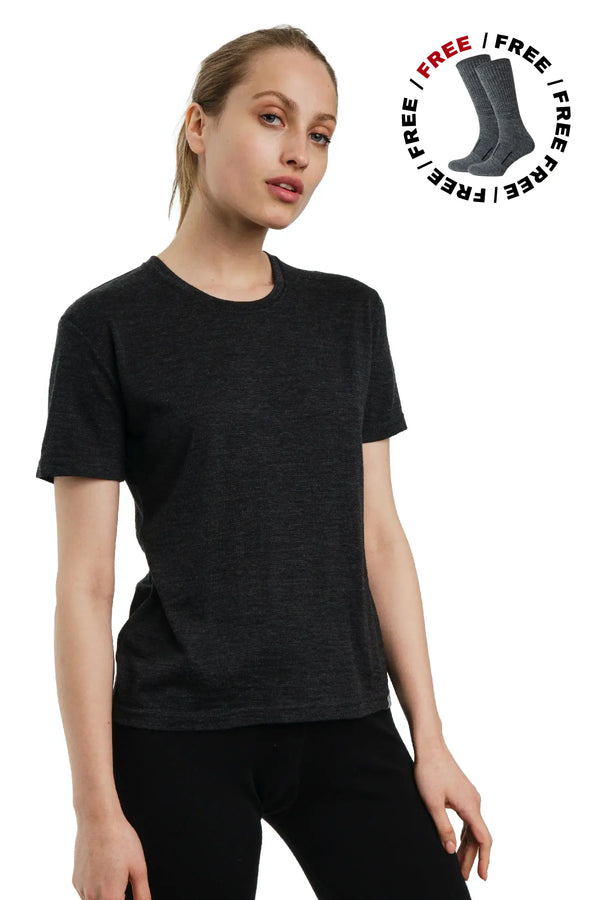 Damen Merino T-Shirt 165 Anthrazit | Rundhalsausschnitt (+Socken)