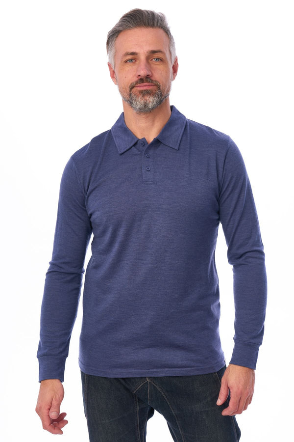 Men's Merino Wool Long Sleeve Polo Windsor Blue