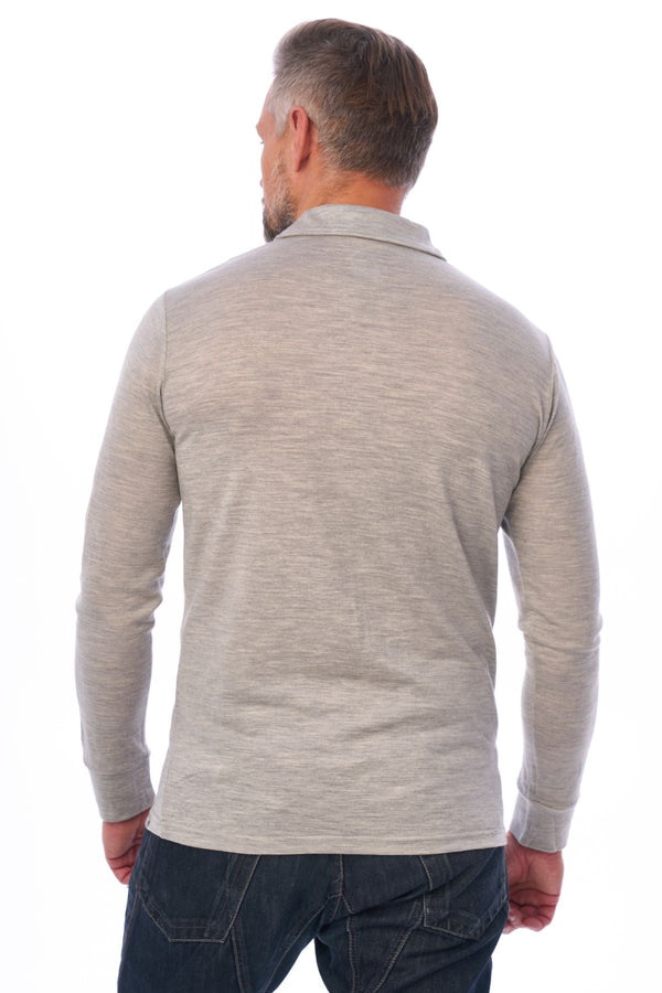 Men's Merino Wool Long Sleeve Polo Melange Grey