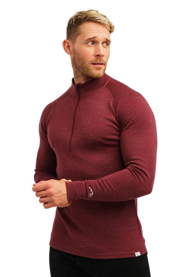 Merino Half Zip Langarmshirt 320 für Herren, Burgunderrot