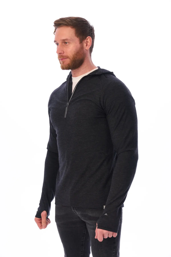 Herren-Kapuzenpullover aus Merinowolle mit halbem Reißverschluss 190 Anthrazit