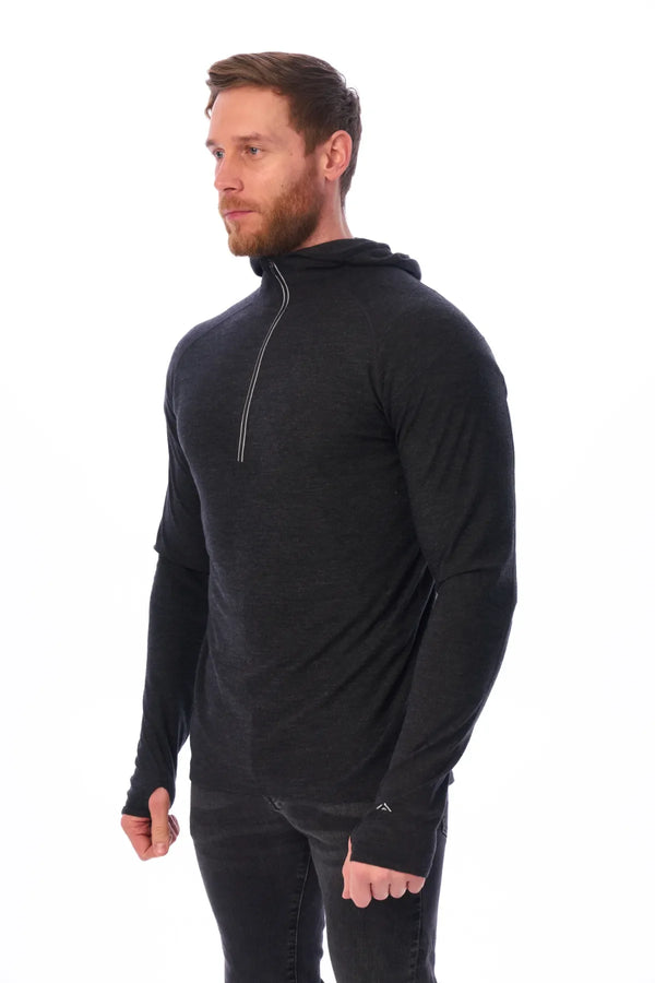 Herren-Kapuzenpullover aus Merinowolle mit halbem Reißverschluss 190 Anthrazit