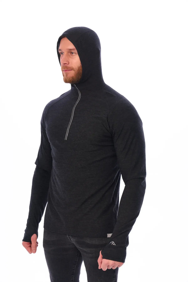 Herren-Kapuzenpullover aus Merinowolle mit halbem Reißverschluss 190 Anthrazit
