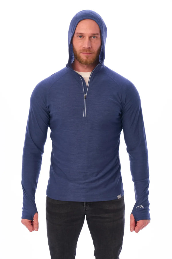 Herren-Kapuzenpullover aus Merinowolle mit halbem Reißverschluss 190 Windsor Blue
