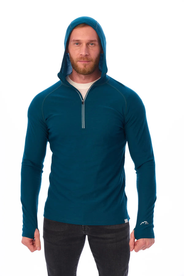 Kapuzenpullover mit halbem Reißverschluss aus Merinowolle für Herren, 190 Deep Teal