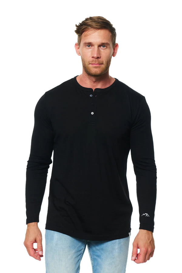 Men's Merino Wool Long Sleeve Henley Shirt 170 Black