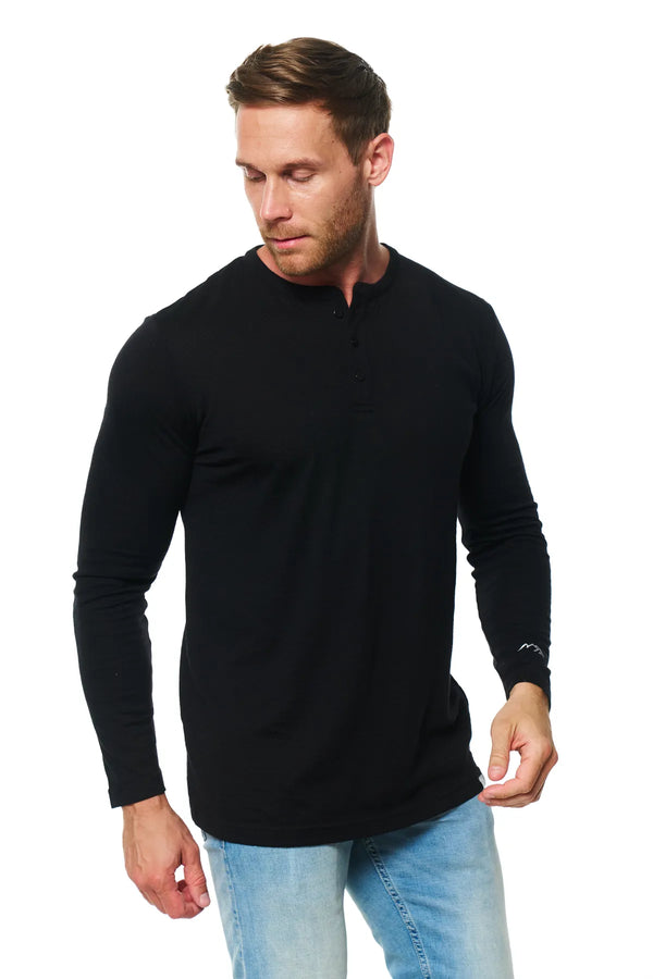 Men's Merino Wool Long Sleeve Henley Shirt 170 Black