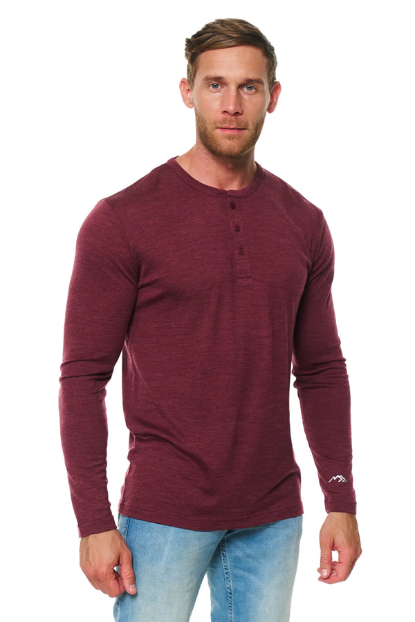 Men's Merino Wool Long Sleeve Henley Shirt 170 Burgundy