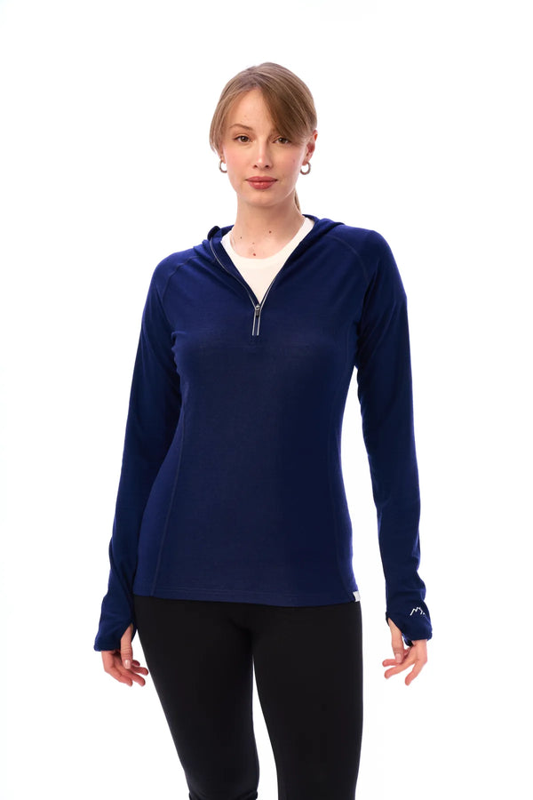 Damen-Kapuzenpullover aus Merinowolle mit halbem Reißverschluss 190 Navy