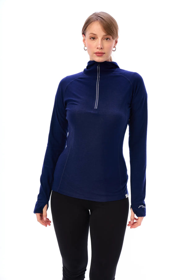 Damen-Kapuzenpullover aus Merinowolle mit halbem Reißverschluss 190 Navy