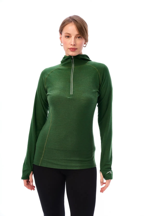 Damen Merinowolle Half Zip Hoodie 190 Oliv
