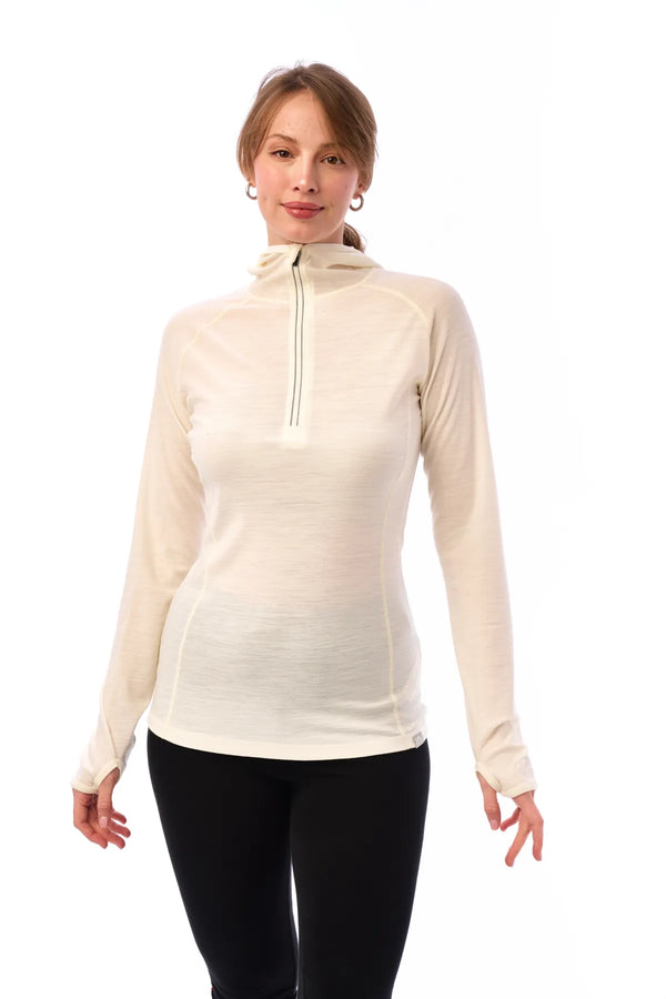 Damen-Kapuzenpullover aus Merinowolle mit halbem Reißverschluss 190 Off White