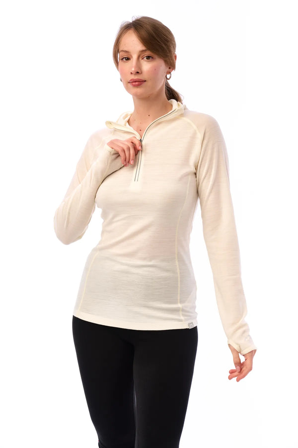Damen-Kapuzenpullover aus Merinowolle mit halbem Reißverschluss 190 Off White