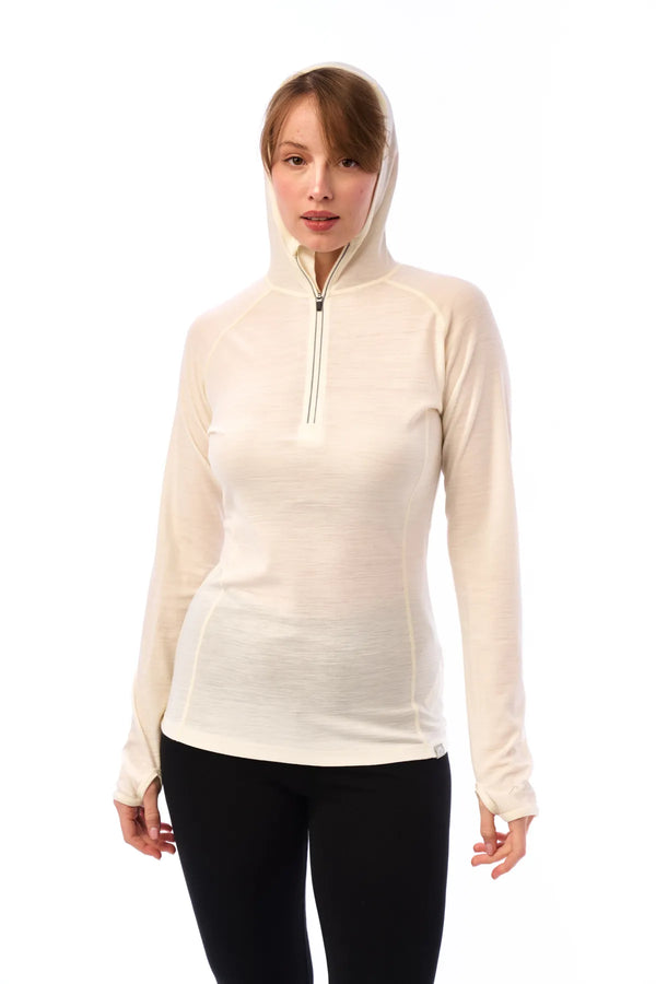 Damen-Kapuzenpullover aus Merinowolle mit halbem Reißverschluss 190 Off White